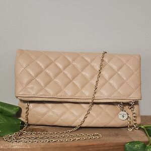 Guess Beige Quilted Clutch with Gold Chain